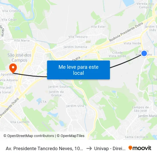 Av. Presidente Tancredo Neves, 1030 to Univap - Direito map