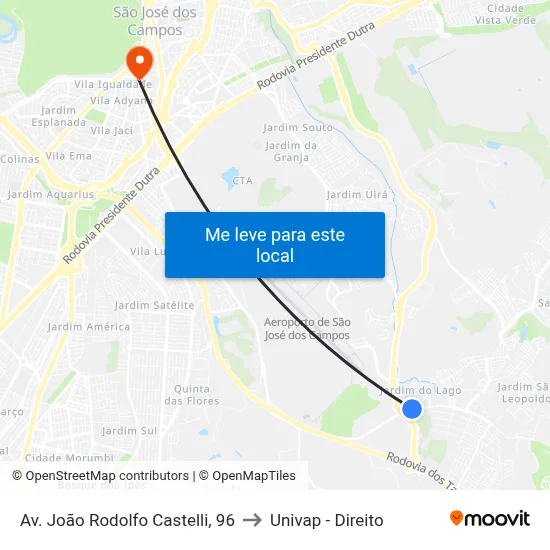 Av. João Rodolfo Castelli, 96 to Univap - Direito map