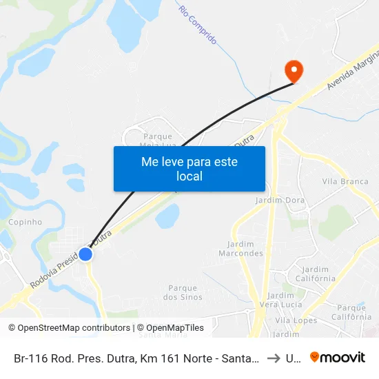 Br-116 Rod. Pres. Dutra, Km 161 Norte - Santa Clara, Jacareí to Unip map