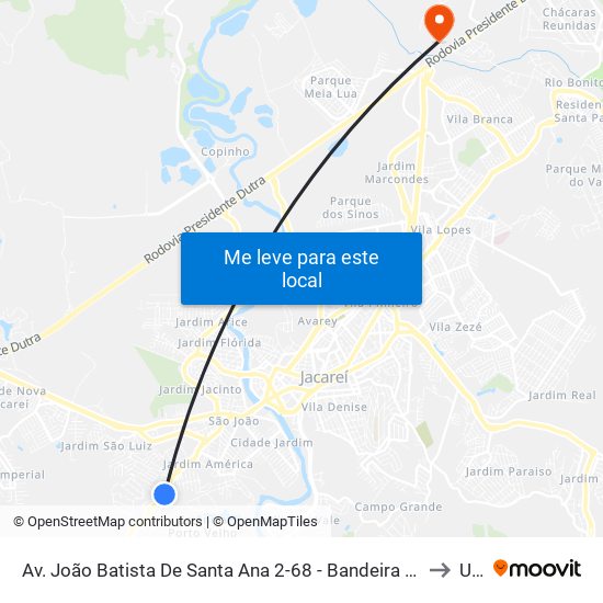 Av. João Batista De Santa Ana 2-68 - Bandeira Branca Jacareí - SP Brasil to Unip map