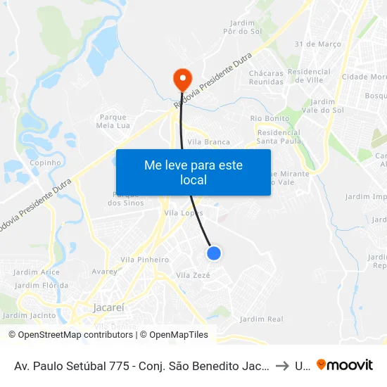 Av. Paulo Setúbal 775 - Conj. São Benedito Jacareí - SP 12310-150 Brasil to Unip map