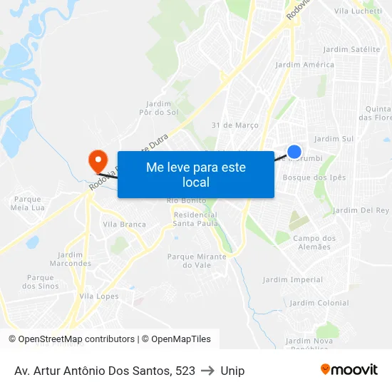 Av. Artur Antônio Dos Santos, 523 to Unip map