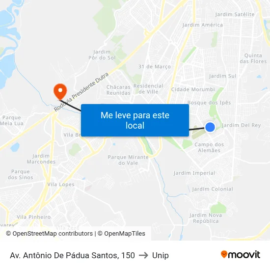 Av. Antônio De Pádua Santos, 150 to Unip map