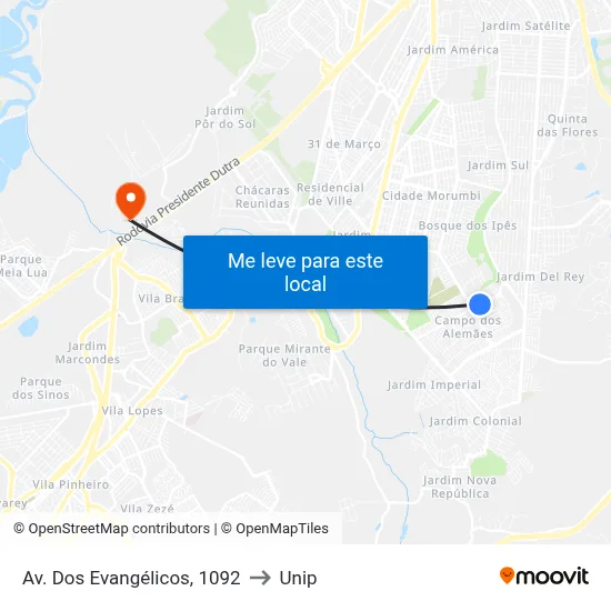 Av. Dos Evangélicos, 1092 to Unip map