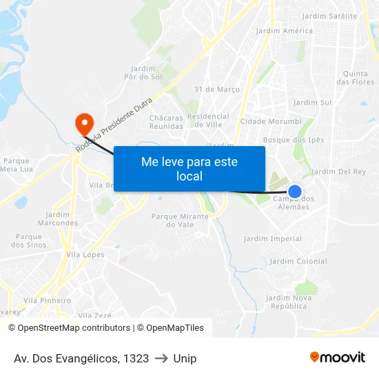 Av. Dos Evangélicos, 1323 to Unip map