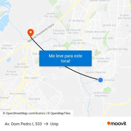Av. Dom Pedro I, 533 to Unip map