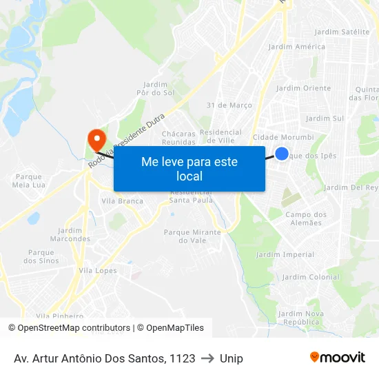 Av. Artur Antônio Dos Santos, 1123 to Unip map