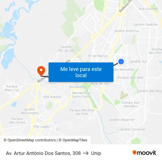 Av. Artur Antônio Dos Santos, 308 to Unip map