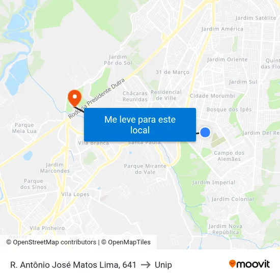 R. Antônio José Matos Lima, 641 to Unip map