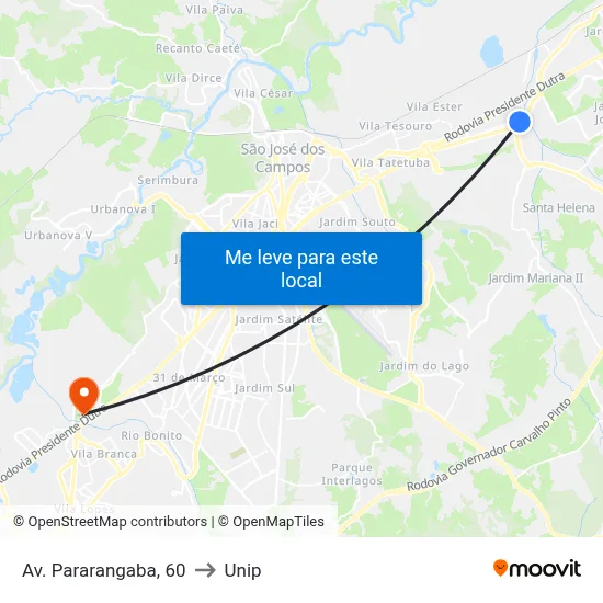 Av. Pararangaba, 60 to Unip map