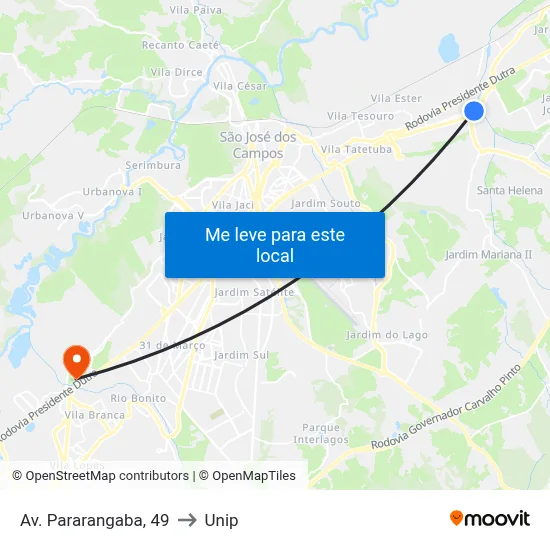 Av. Pararangaba, 49 to Unip map