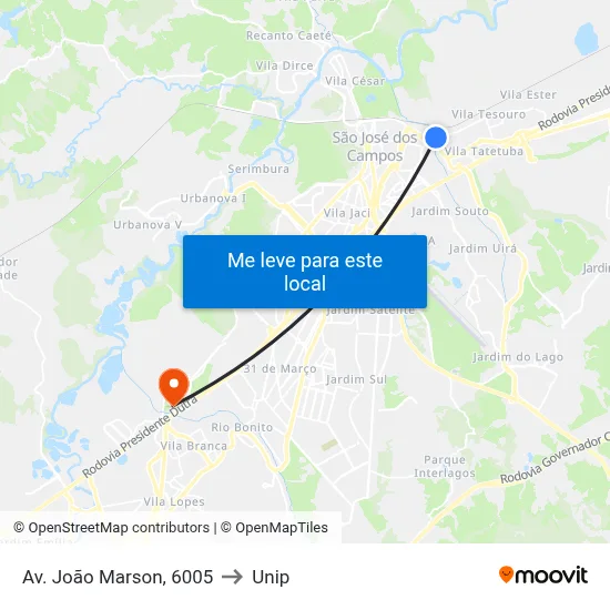 Av. João Marson, 6005 to Unip map