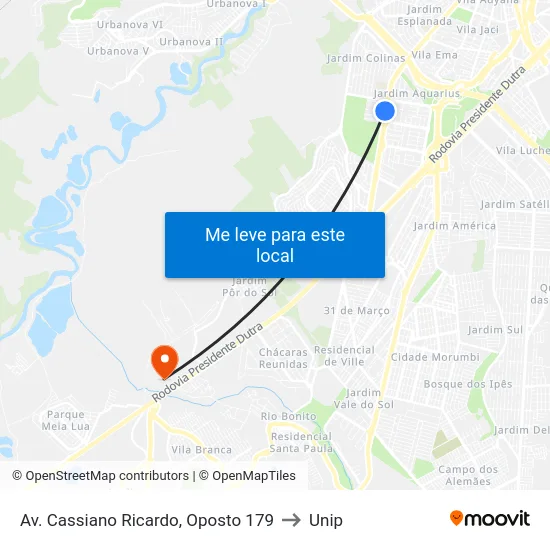 Av. Cassiano Ricardo, Oposto 179 to Unip map
