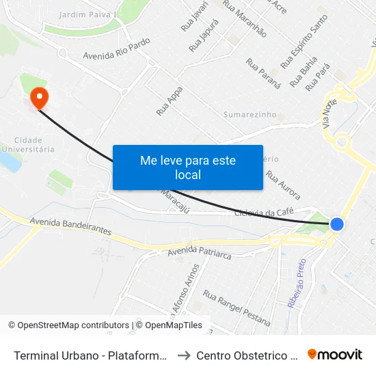 Terminal Urbano - Plataforma D - Ponto 7 to Centro Obstetrico HCFMRP map