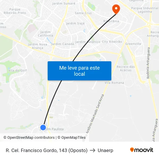 R. Cel. Francisco Gordo, 143 (Oposto) to Unaerp map