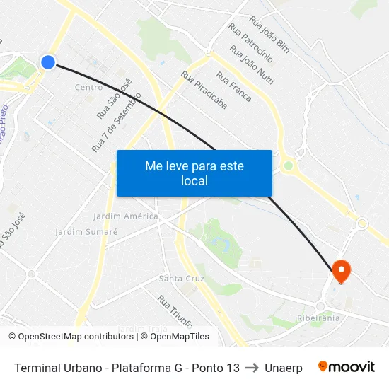 Terminal Urbano - Plataforma G - Ponto 13 to Unaerp map