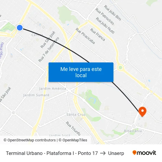Terminal Urbano - Plataforma I - Ponto 17 to Unaerp map