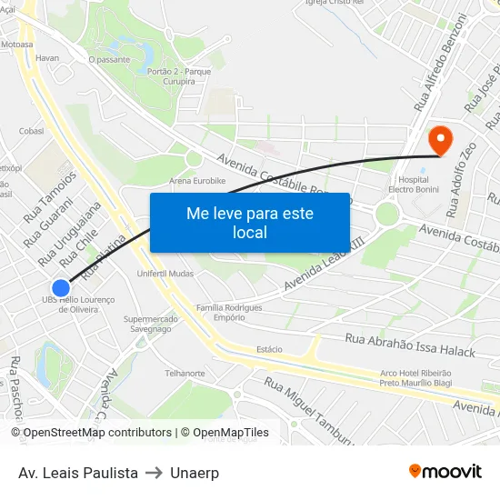 Av. Leais Paulista to Unaerp map