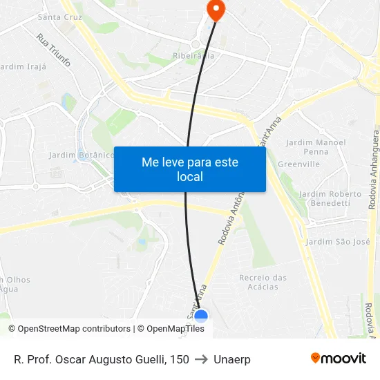R. Prof. Oscar Augusto Guelli, 150 to Unaerp map