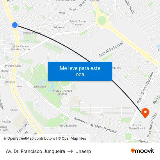Av. Dr. Francisco Junqueira to Unaerp map