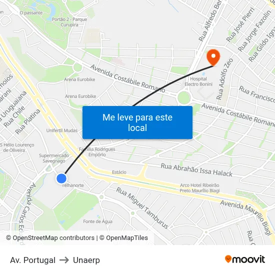 Av. Portugal to Unaerp map