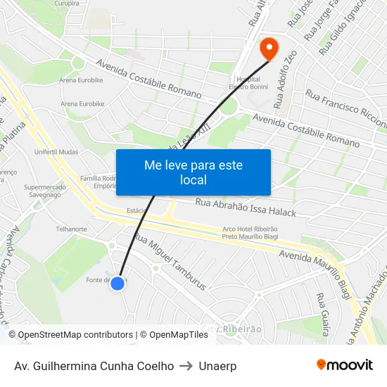 Av. Guilhermina Cunha Coelho to Unaerp map