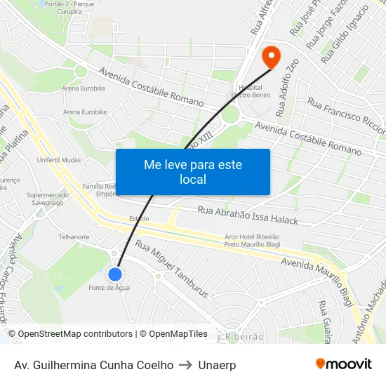 Av. Guilhermina Cunha Coelho to Unaerp map
