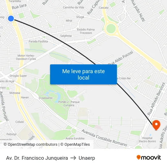 Av. Dr. Francisco Junqueira to Unaerp map