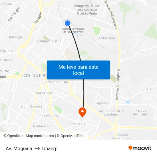 Av. Mogiana to Unaerp map