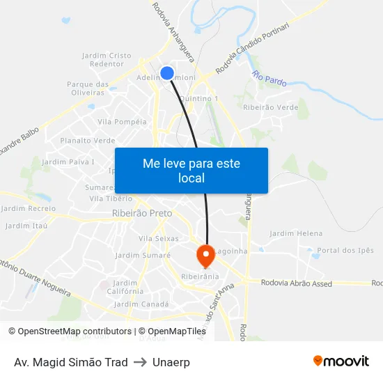 Av. Magid Simão Trad to Unaerp map