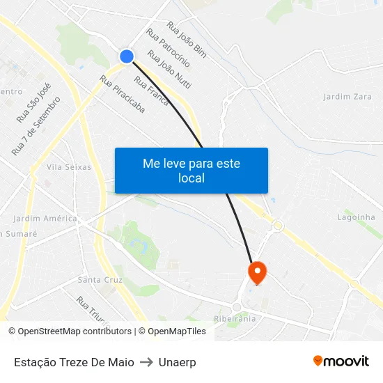 Estação Treze De Maio to Unaerp map