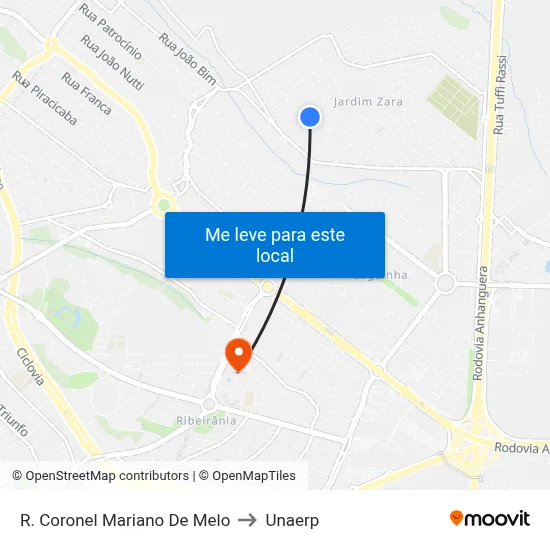 R. Coronel Mariano De Melo to Unaerp map