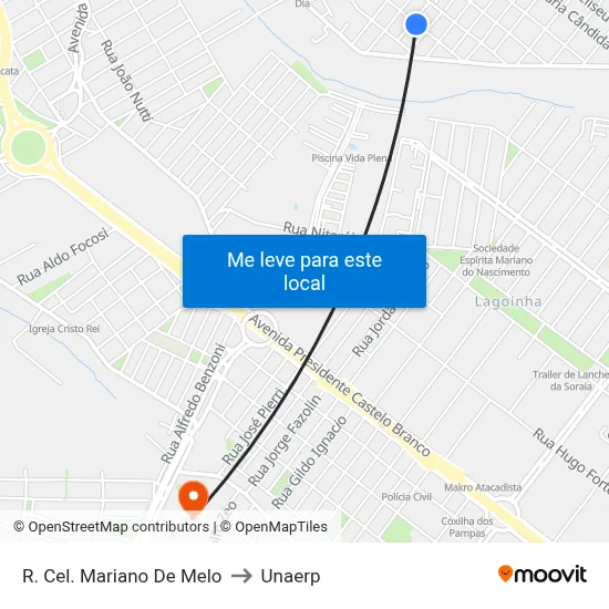 R. Cel. Mariano De Melo to Unaerp map