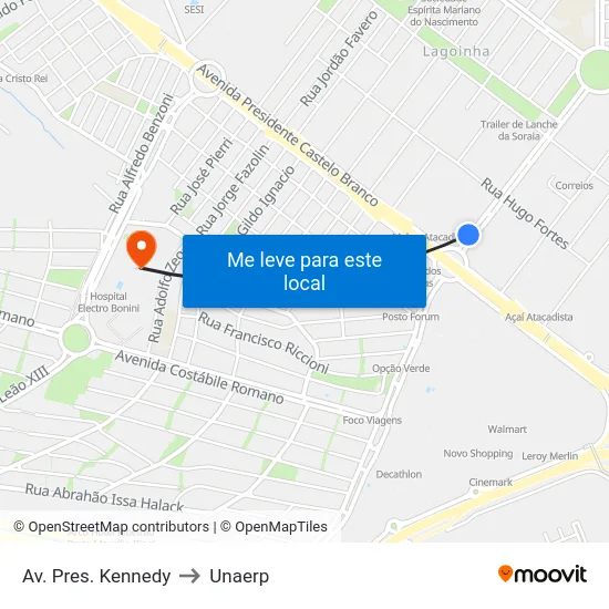 Av. Pres. Kennedy to Unaerp map