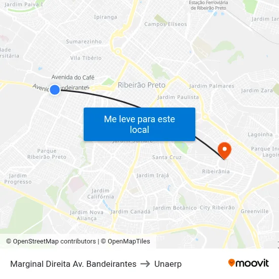 Marginal Direita Av. Bandeirantes to Unaerp map