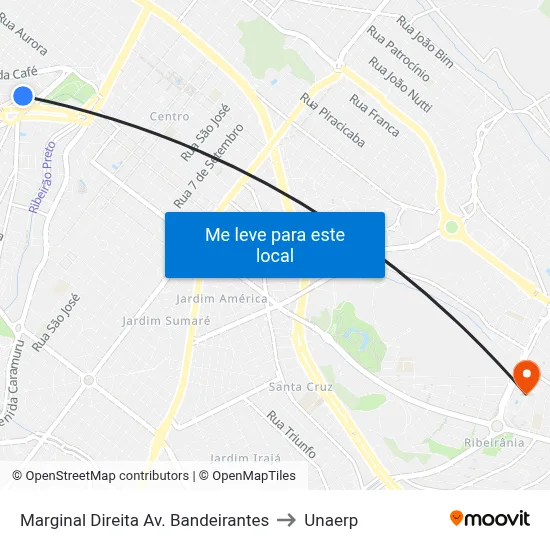 Marginal Direita Av. Bandeirantes to Unaerp map