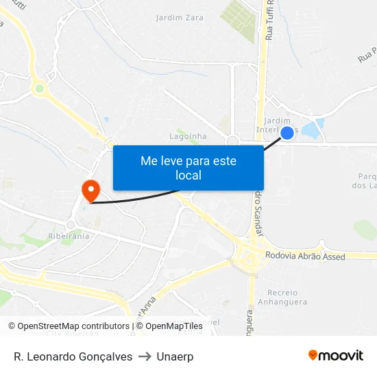 R. Leonardo Gonçalves to Unaerp map
