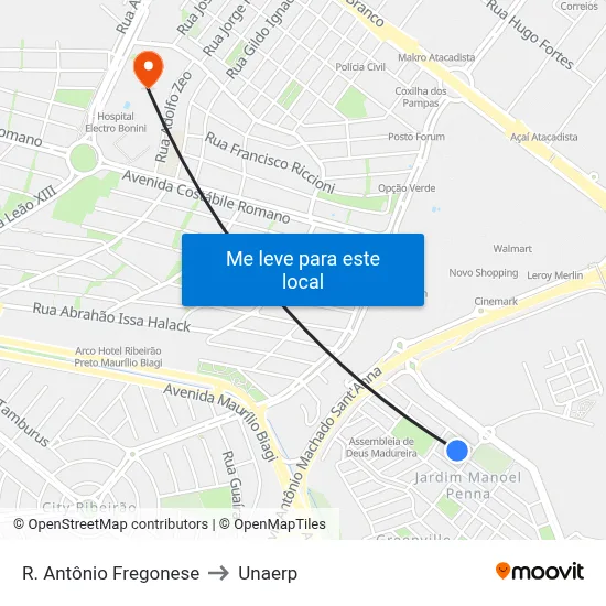 R. Antônio Fregonese to Unaerp map