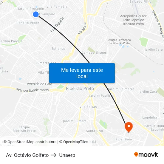 Av. Octávio Golfeto to Unaerp map