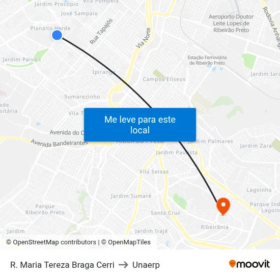 R. Maria Tereza Braga Cerri to Unaerp map