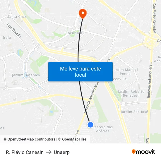 R. Flávio Canesin to Unaerp map