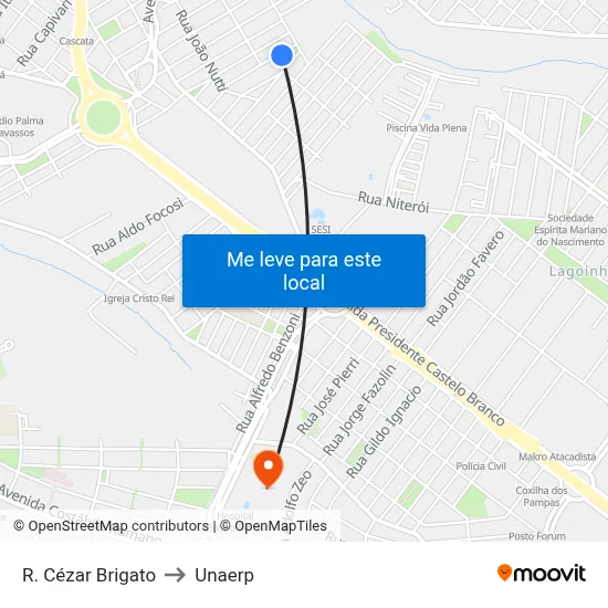 R. Cézar Brigato to Unaerp map