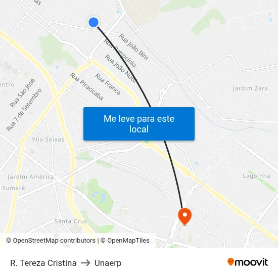 R. Tereza Cristina to Unaerp map
