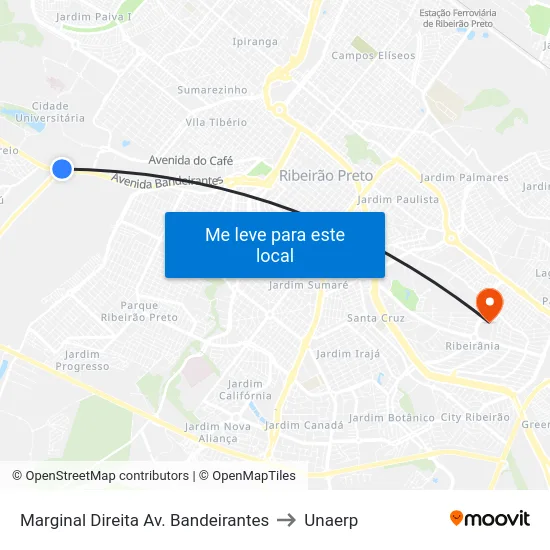 Marginal Direita Av. Bandeirantes to Unaerp map
