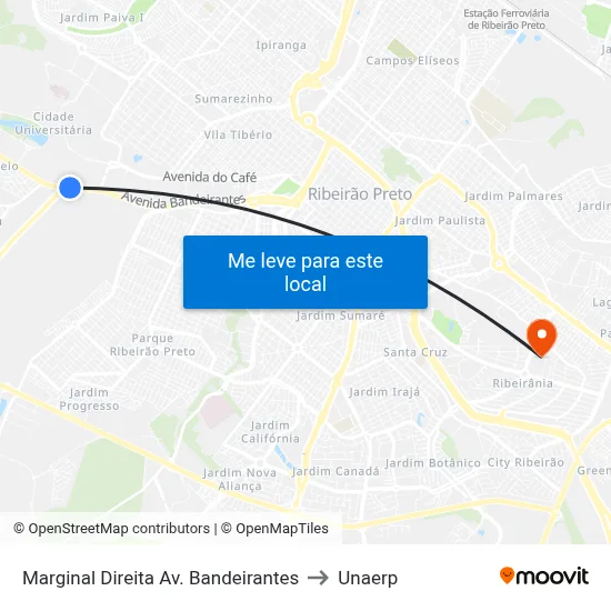 Marginal Direita Av. Bandeirantes to Unaerp map