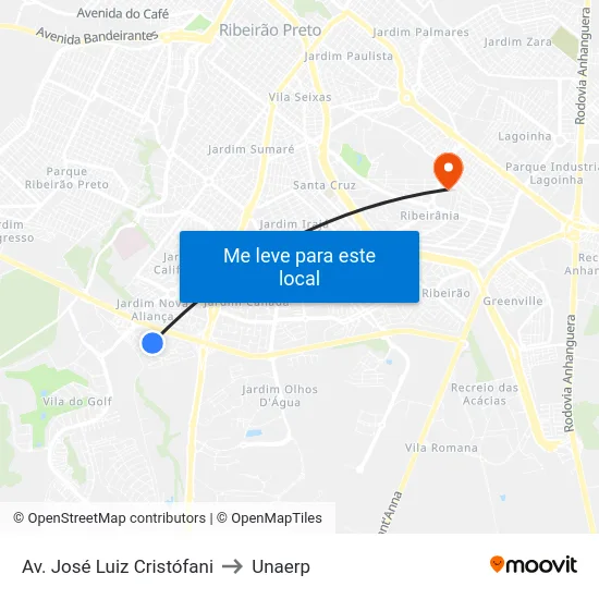 Av. José Luiz Cristófani to Unaerp map