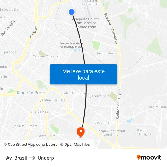 Av. Brasil to Unaerp map