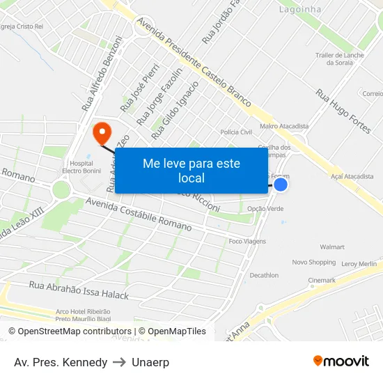 Av. Pres. Kennedy to Unaerp map