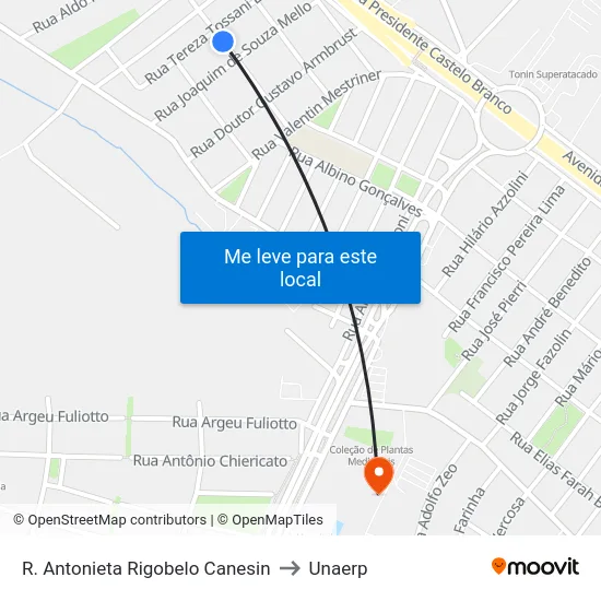 R. Antonieta Rigobelo Canesin to Unaerp map