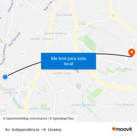 Av. Independência to Unaerp map
